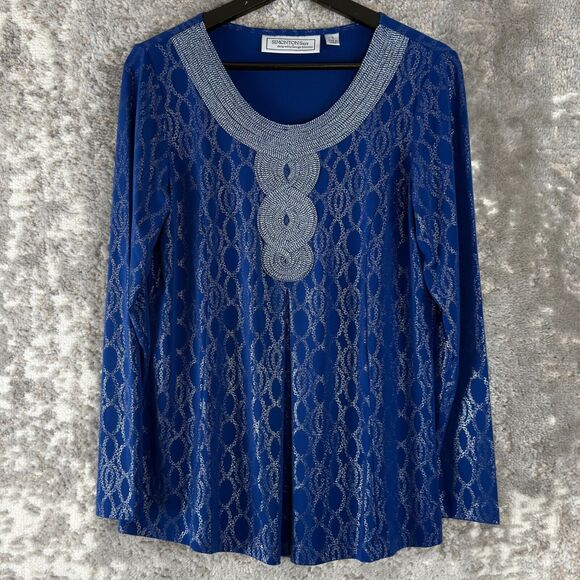 Simonton Says Size S Embossed Geometric Scoop Neck Stretch Top Blue Long Sleeve - Picture 1 of 7